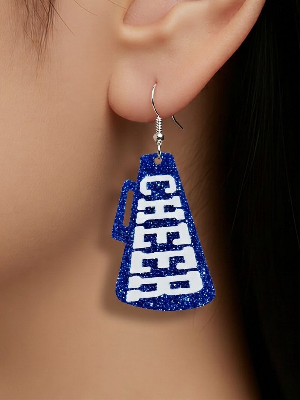 Blue Glitter Cheer Megaphone Earrings 📣 School Spirit Cheerleader Glam Dangles